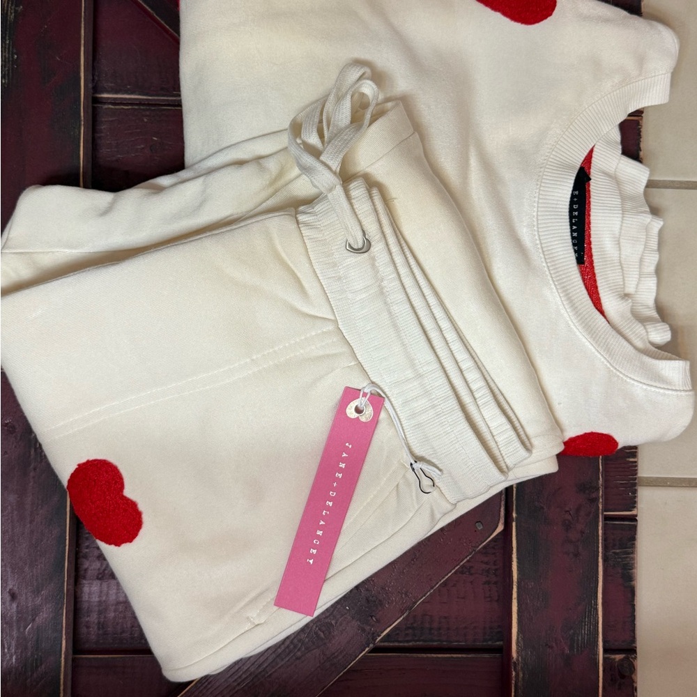 Valentines Long Sleeve Crewneck Pullover Tops & Long Pants Tracksuit red hearts